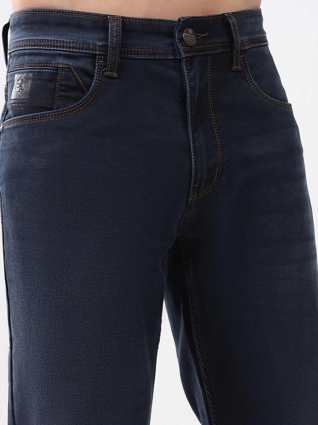 Men Dark Blue Solid Straight Fit Denim