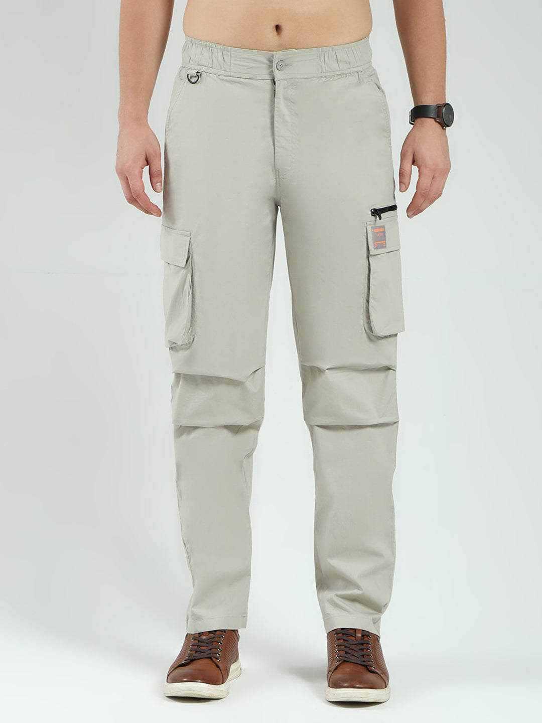 Men Grey Solid Regular Fit Cargo