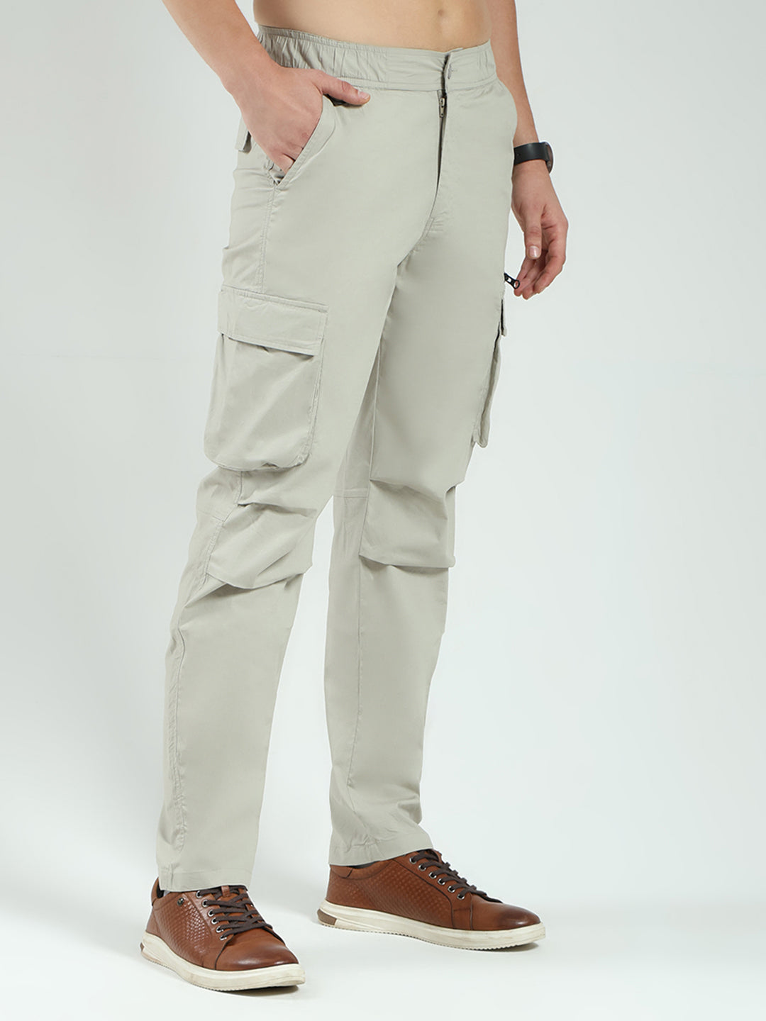 Men Grey Solid Regular Fit Cargo