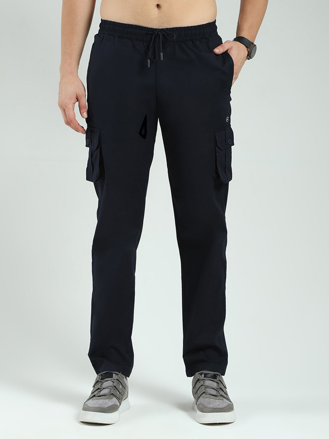 Men Navy Blue Solid Regular Fit Cargo