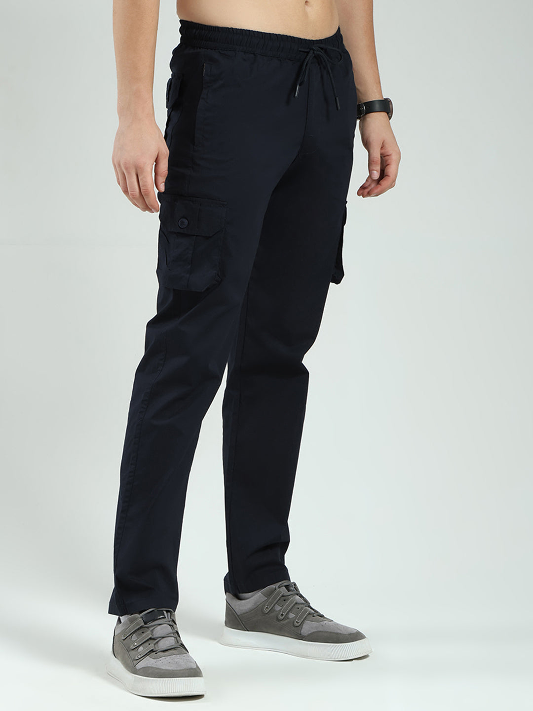 Men Navy Blue Solid Regular Fit Cargo