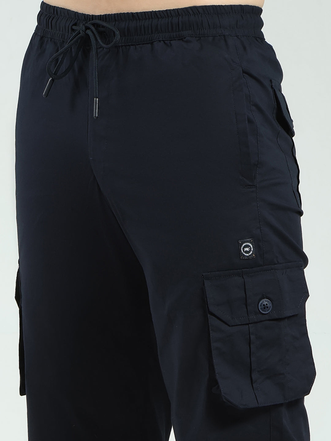 Men Navy Blue Solid Regular Fit Cargo