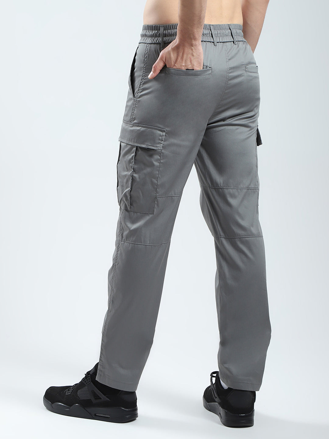 Men Grey Solid Regular Fit Cargo