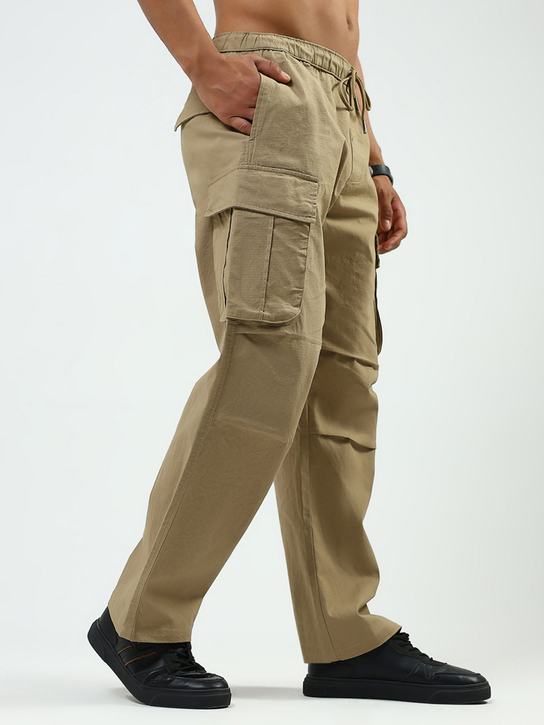Men Khaki Solid Regular Fit Lower