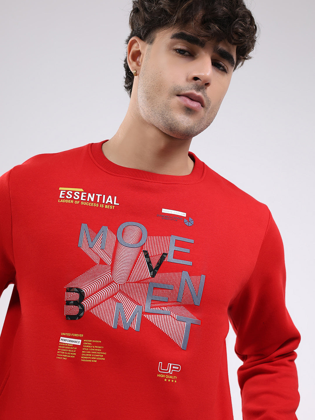 Men Red Printed Round Neck Full Sleeve Sweatshirt