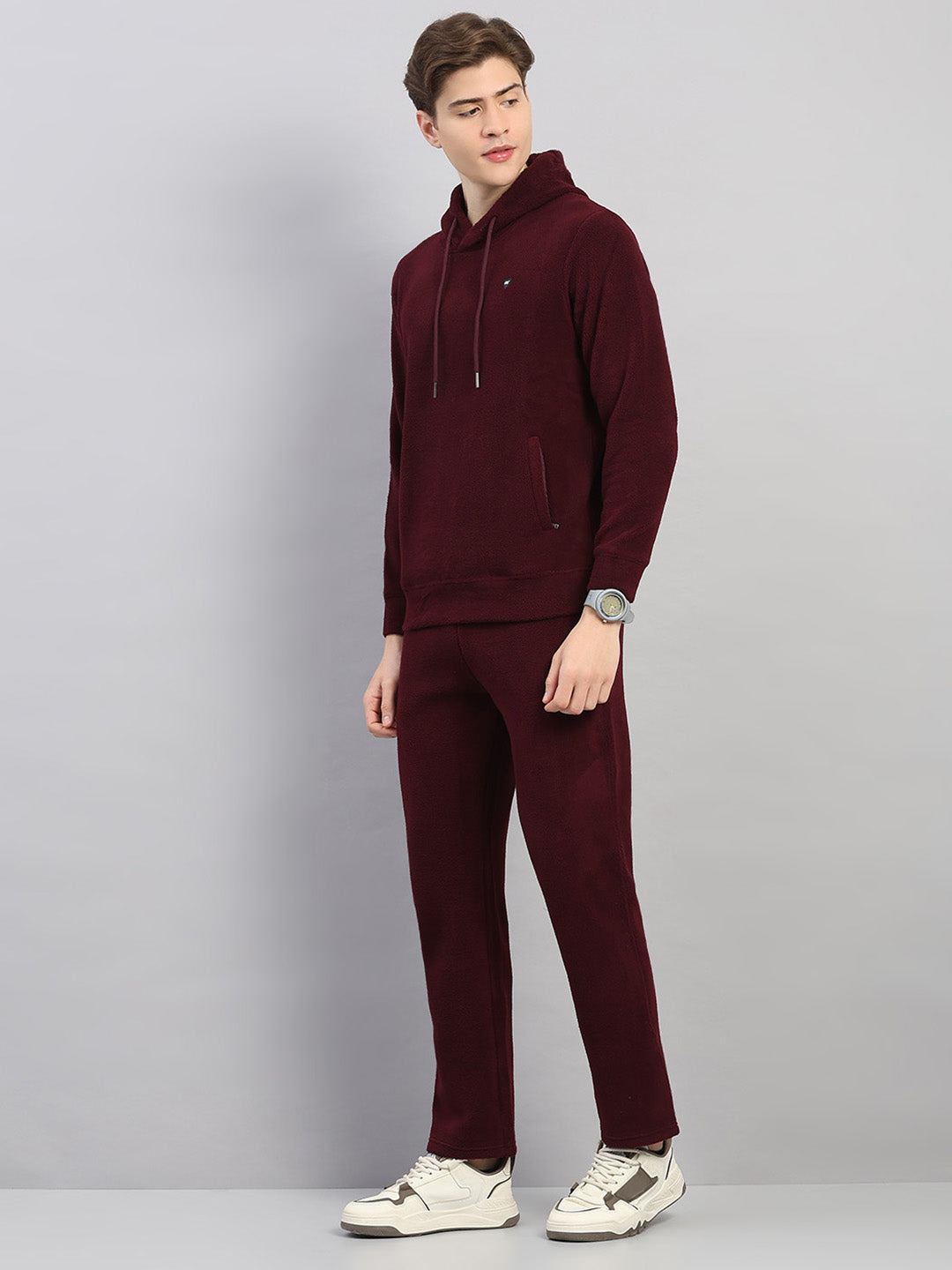 Men Maroon Solid Hooded Full Sleeve Winter Tracksuit