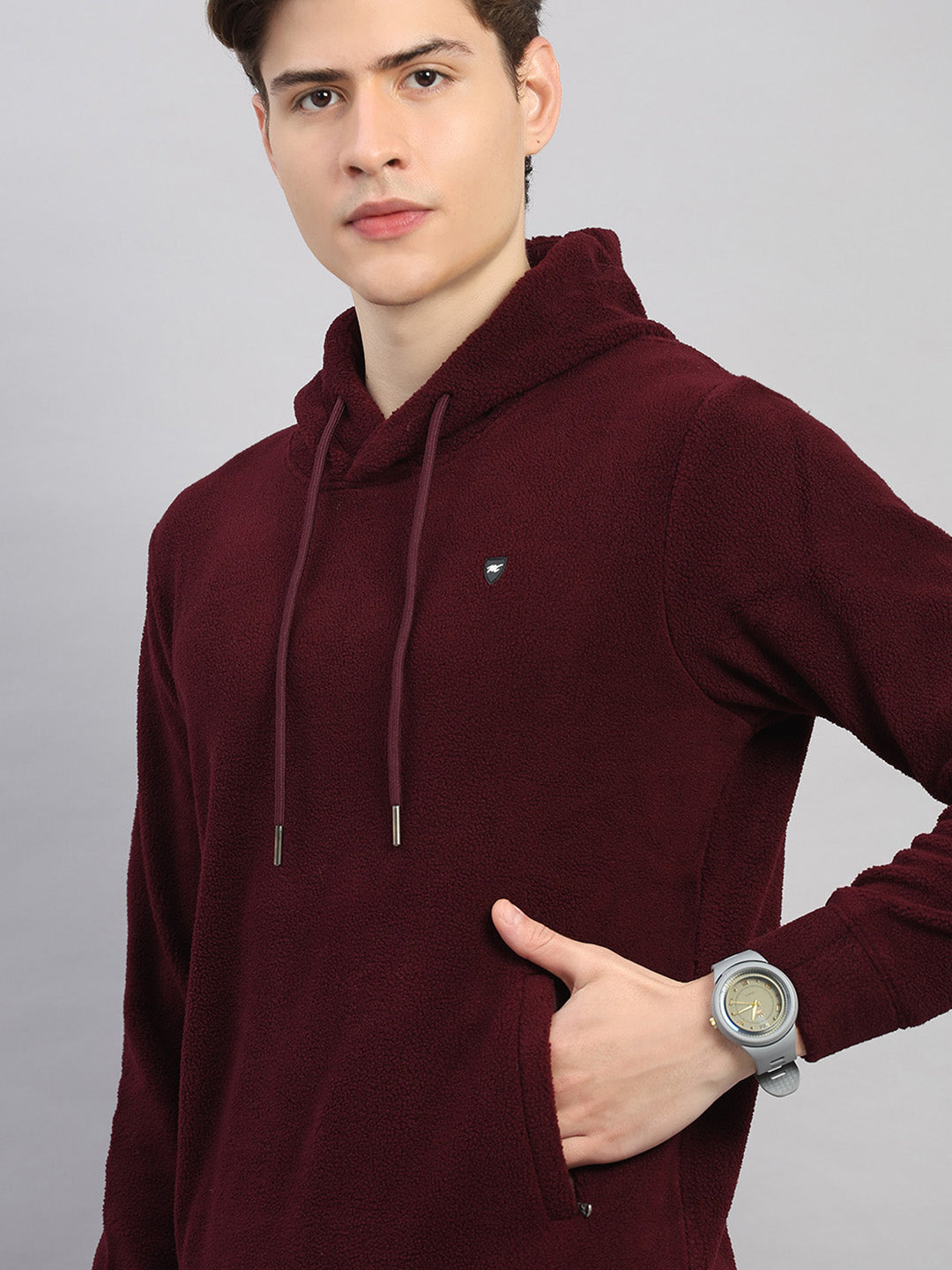 Men Maroon Solid Hooded Full Sleeve Winter Tracksuit