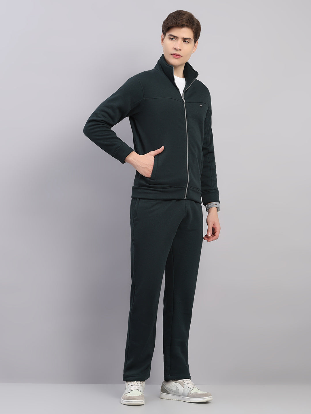 Men Charcoal Solid Stand Collar Full Sleeve Winter Tracksuit