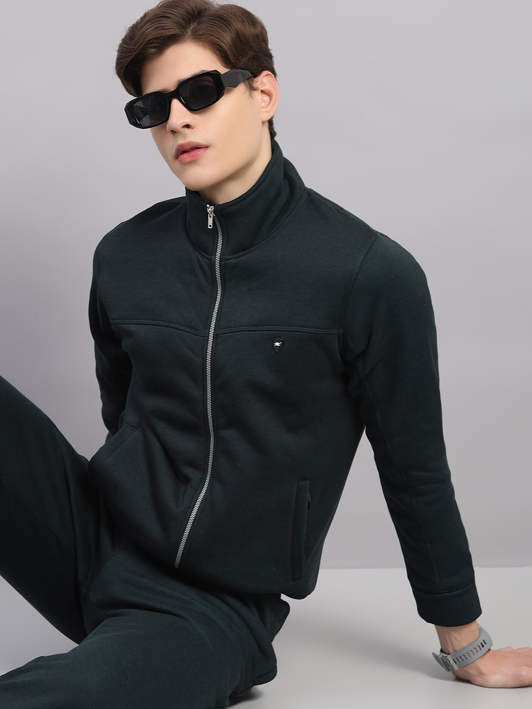 Men Charcoal Solid Stand Collar Full Sleeve Winter Tracksuit