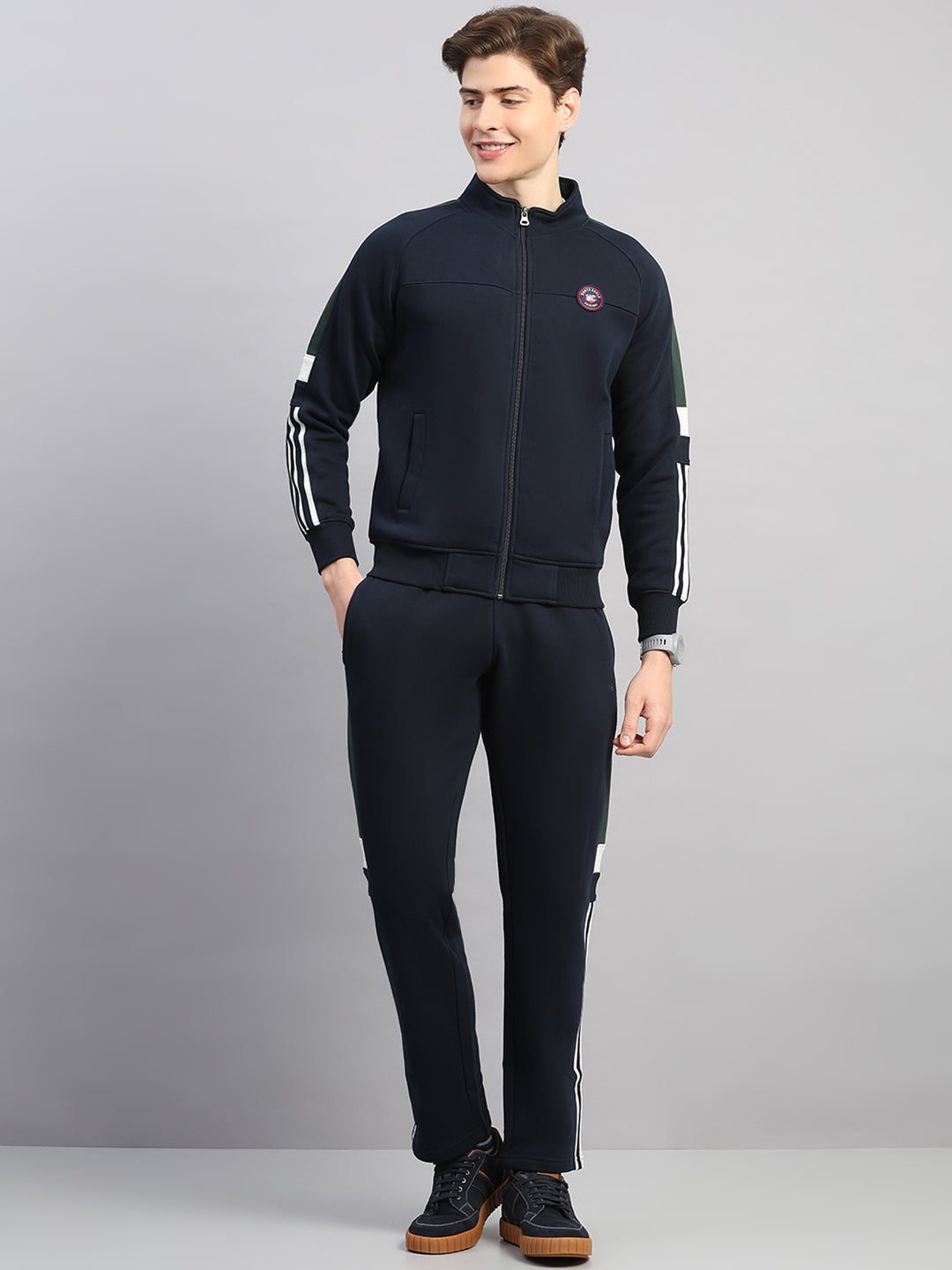 Men Navy Blue Solid Round Neck Full Sleeve Winter Tracksuit