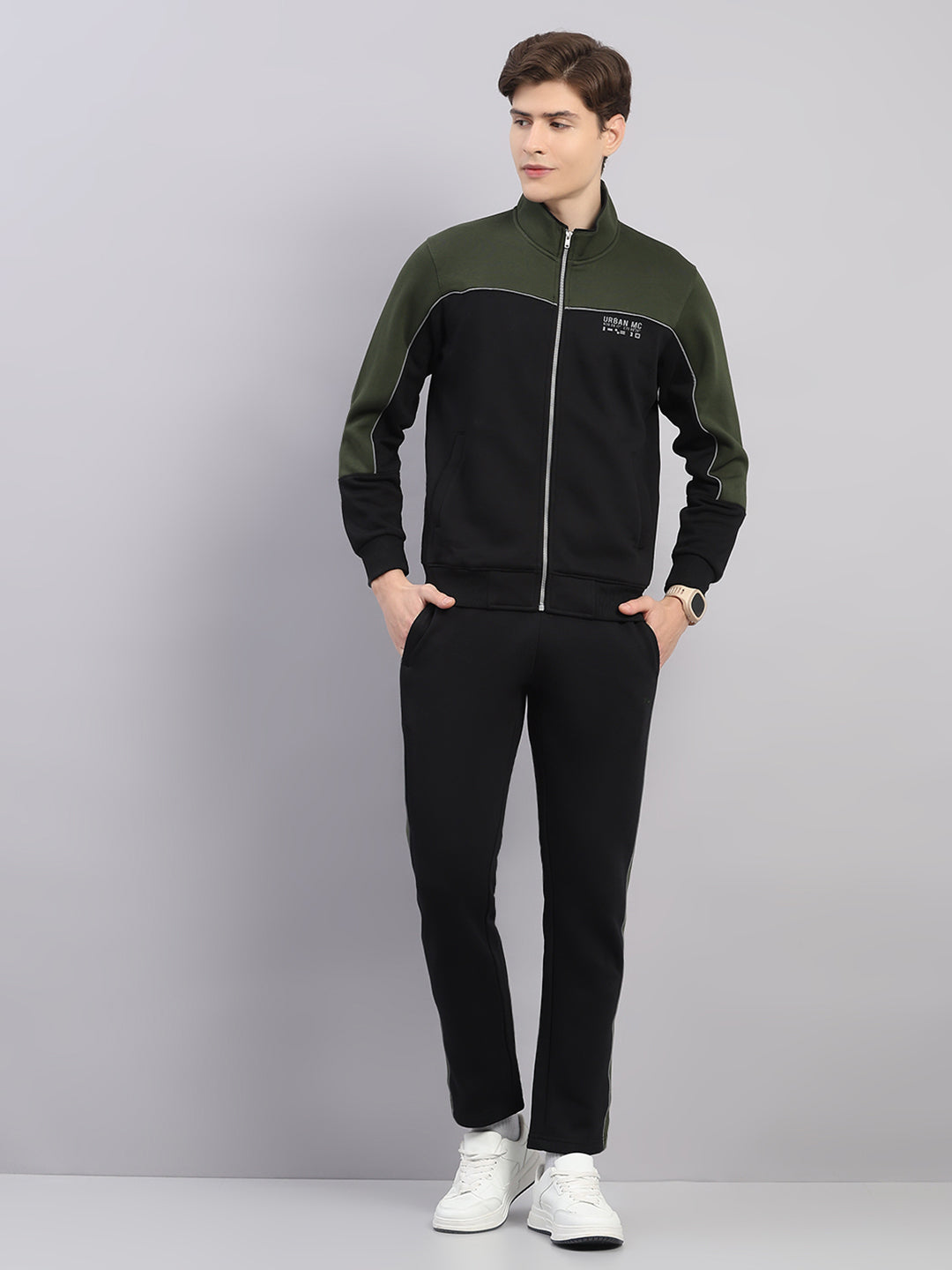 Men Black Self Design Stand Collar Full Sleeve Winter Tracksuit