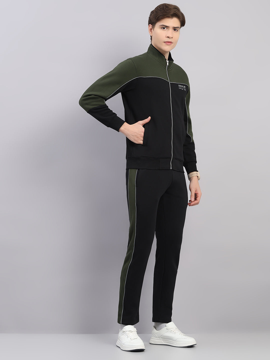 Men Black Self Design Stand Collar Full Sleeve Winter Tracksuit