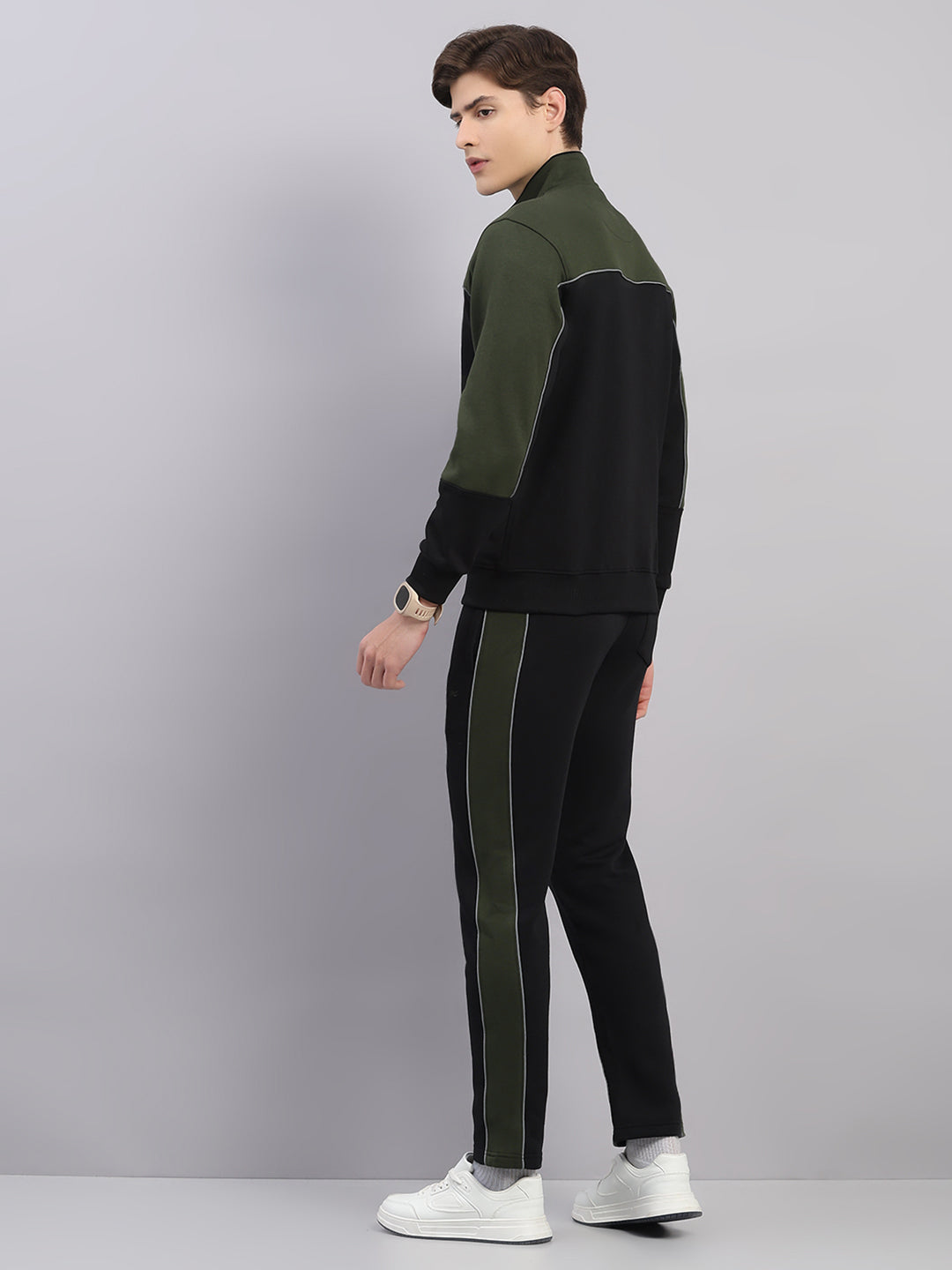 Men Black Self Design Stand Collar Full Sleeve Winter Tracksuit