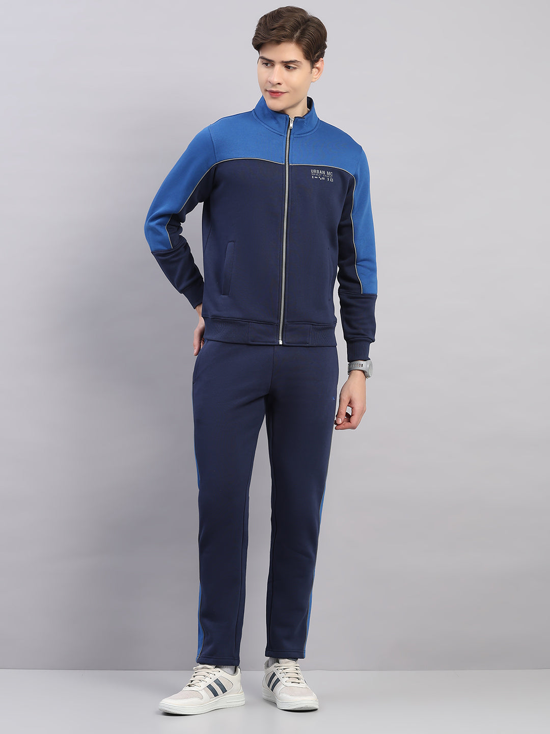 Men Navy Blue Self Design Stand Collar Full Sleeve Winter Tracksuit