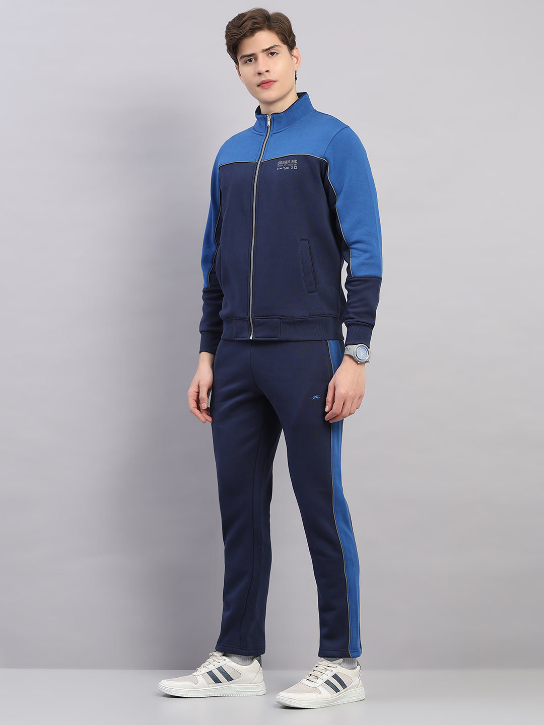 Men Navy Blue Self Design Stand Collar Full Sleeve Winter Tracksuit