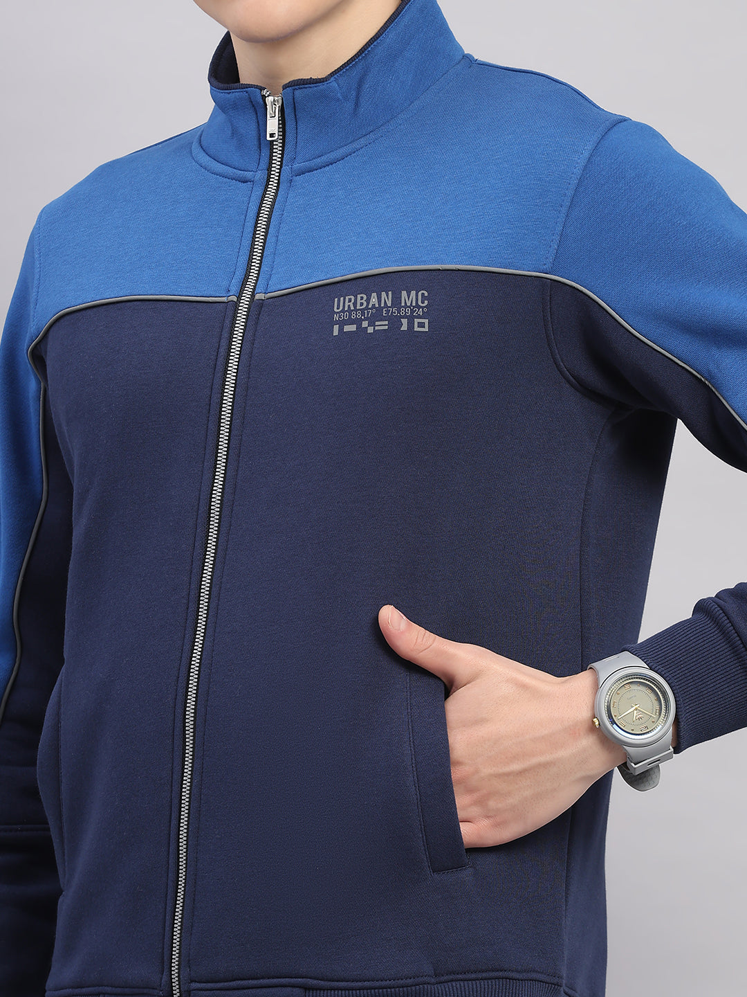 Men Navy Blue Self Design Stand Collar Full Sleeve Winter Tracksuit