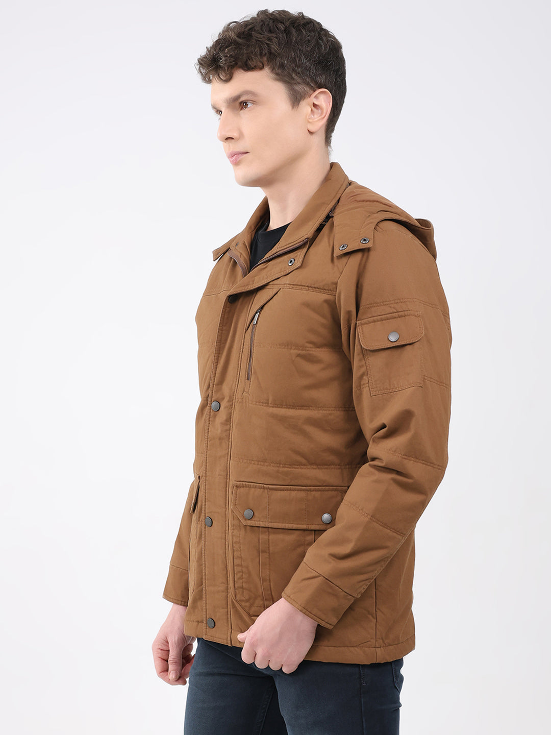 Men Brown Solid Hooded Full Sleeve Jacket