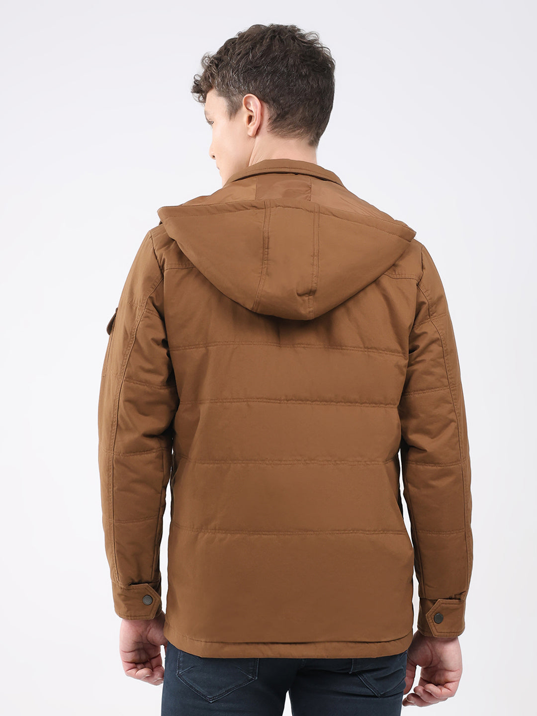 Men Brown Solid Hooded Full Sleeve Jacket