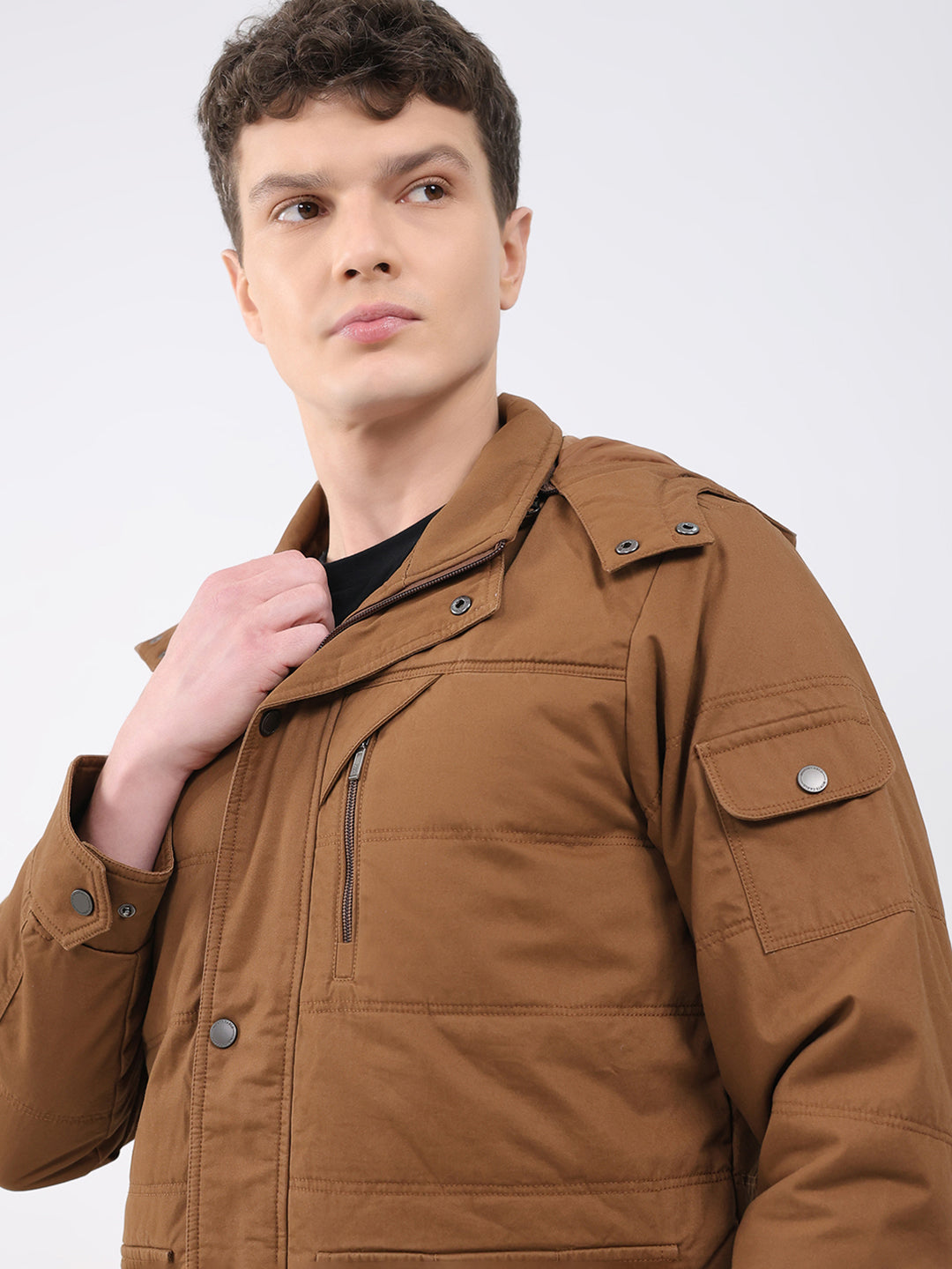 Men Brown Solid Hooded Full Sleeve Jacket