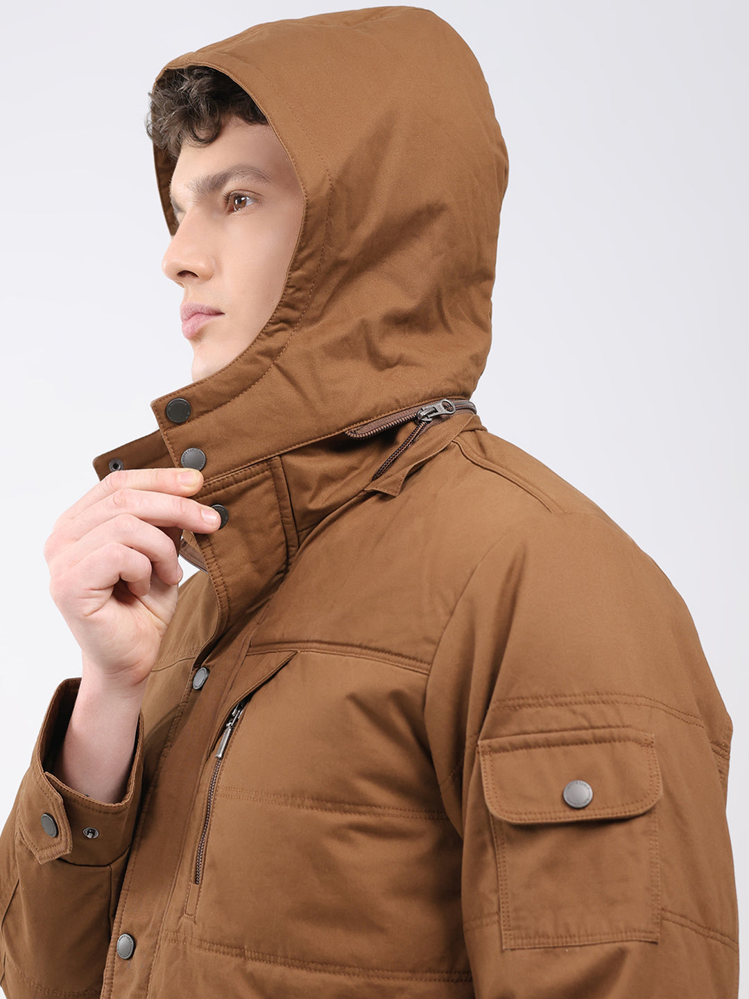 Men Brown Solid Hooded Full Sleeve Jacket