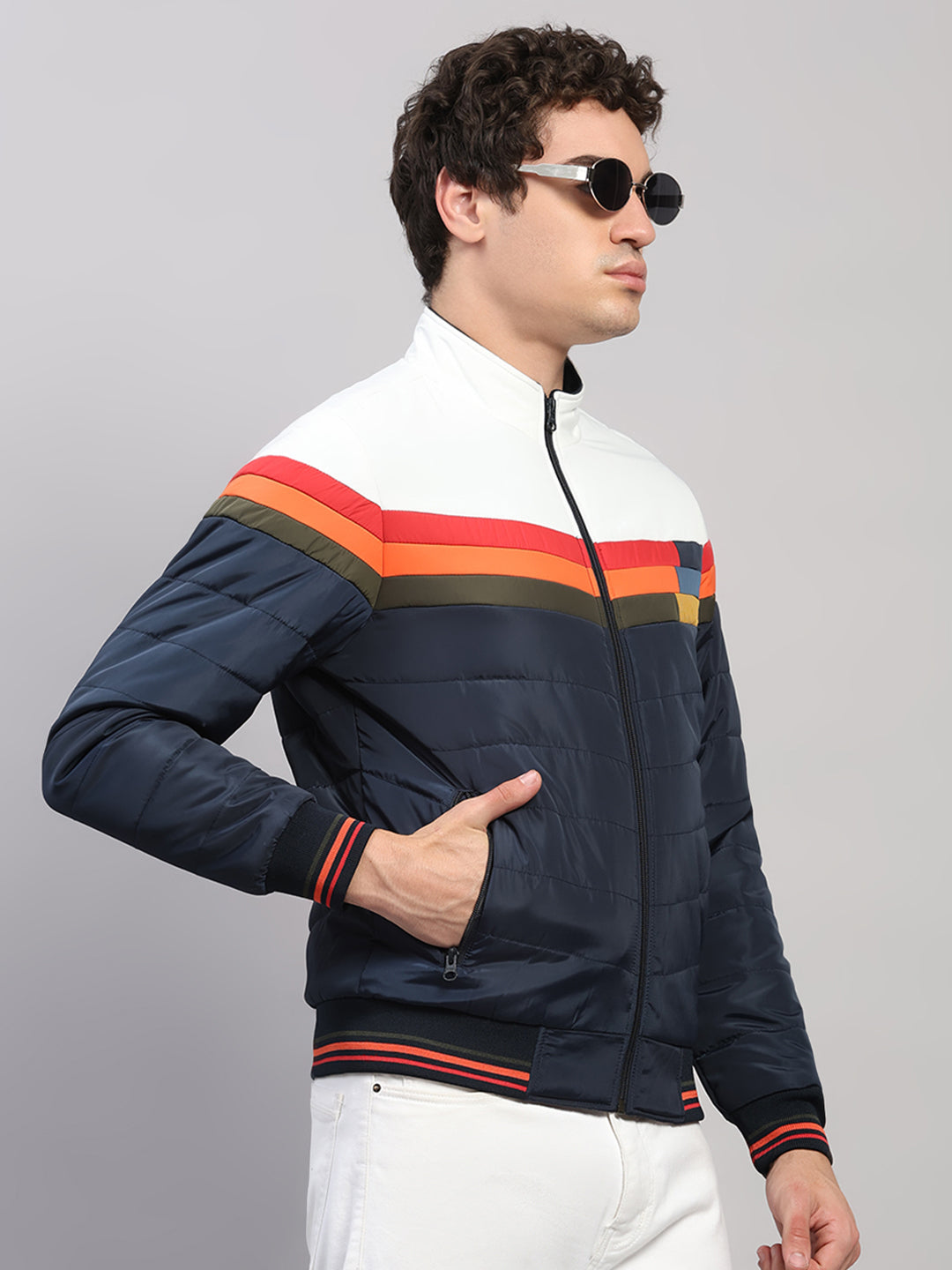 Men Navy Blue Solid Collar Full Sleeve Jacket