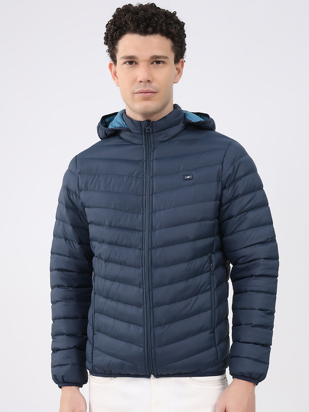 Men Navy Blue Solid Hooded Full Sleeve Puffer Jacket