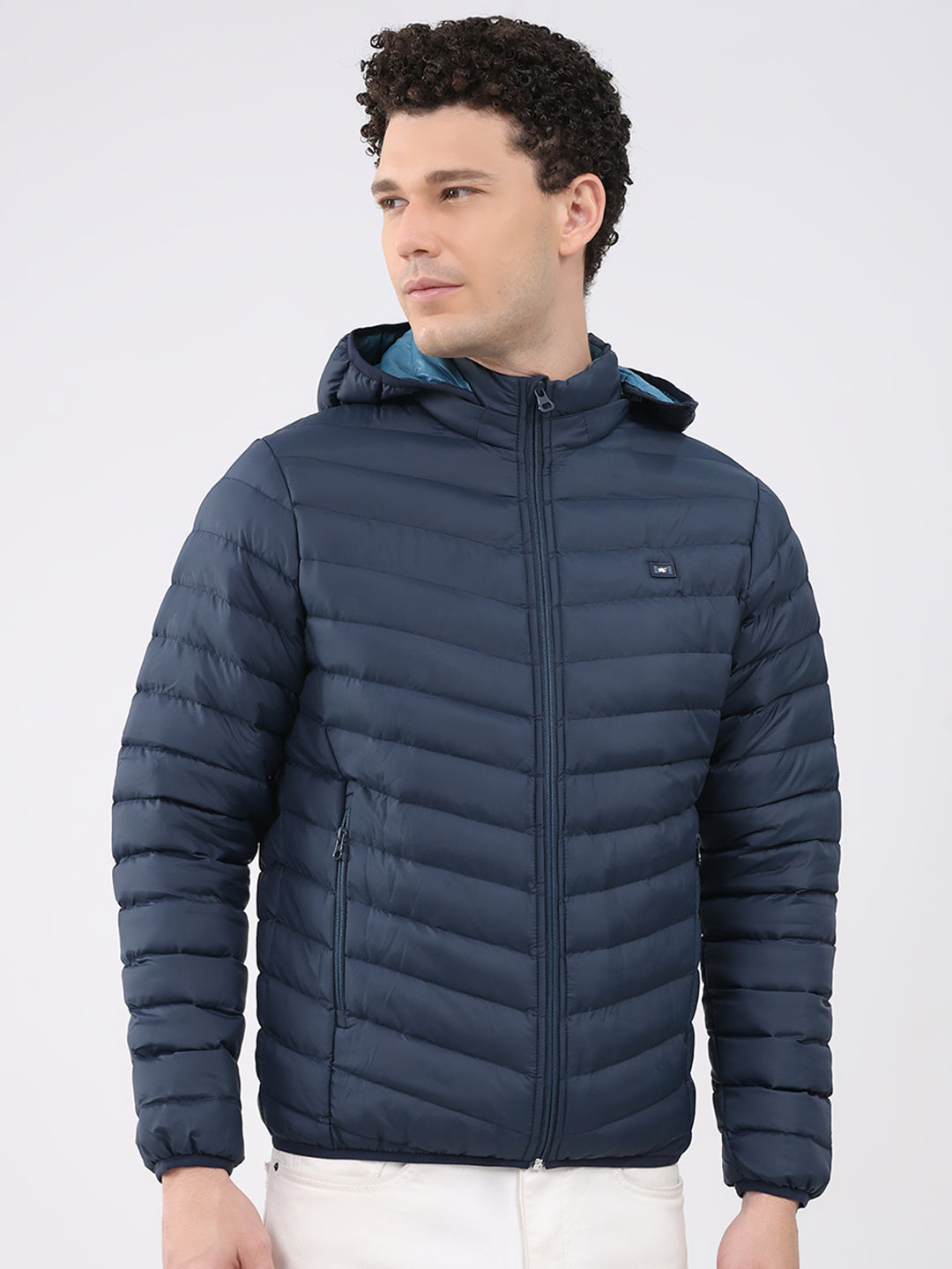 Men Navy Blue Solid Hooded Full Sleeve Puffer Jacket