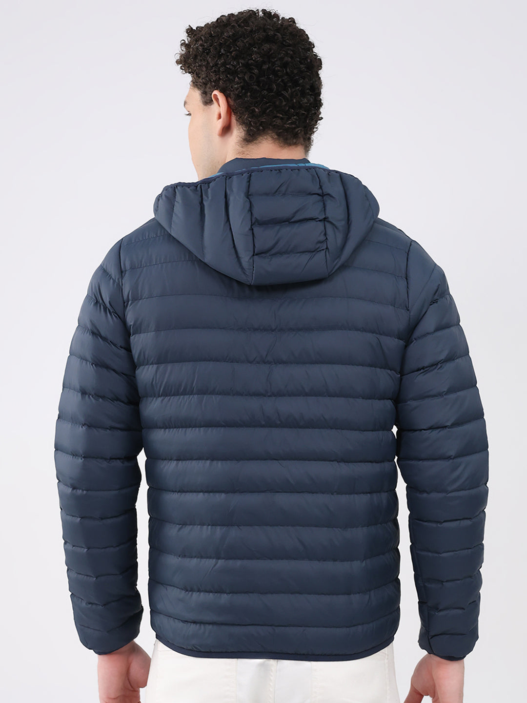 Men Navy Blue Solid Hooded Full Sleeve Puffer Jacket