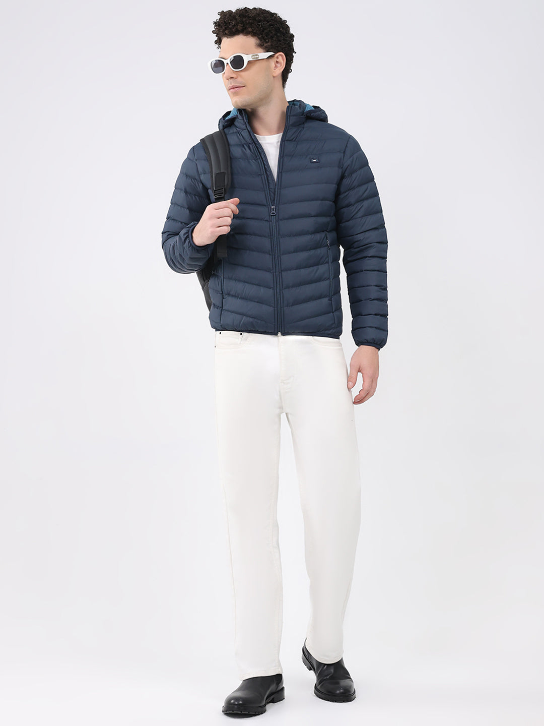 Men Navy Blue Solid Hooded Full Sleeve Puffer Jacket