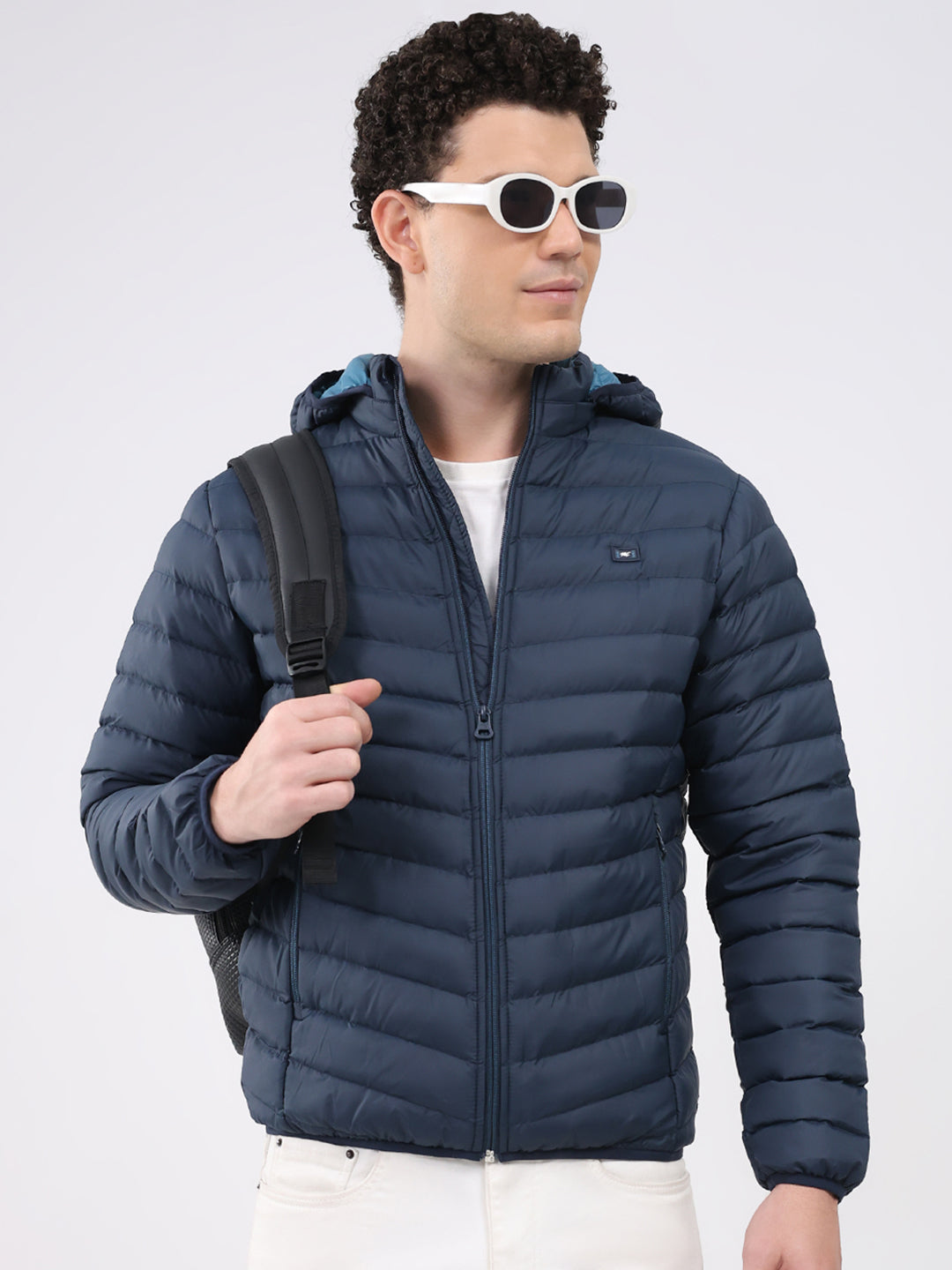 Men Navy Blue Solid Hooded Full Sleeve Puffer Jacket