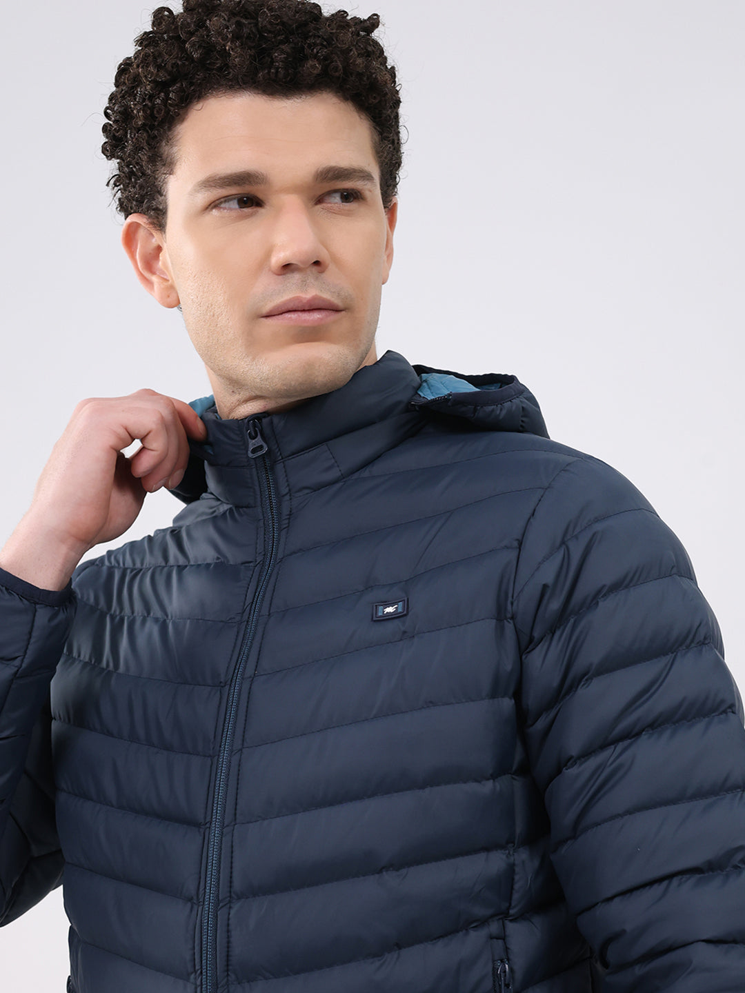 Men Navy Blue Solid Hooded Full Sleeve Puffer Jacket