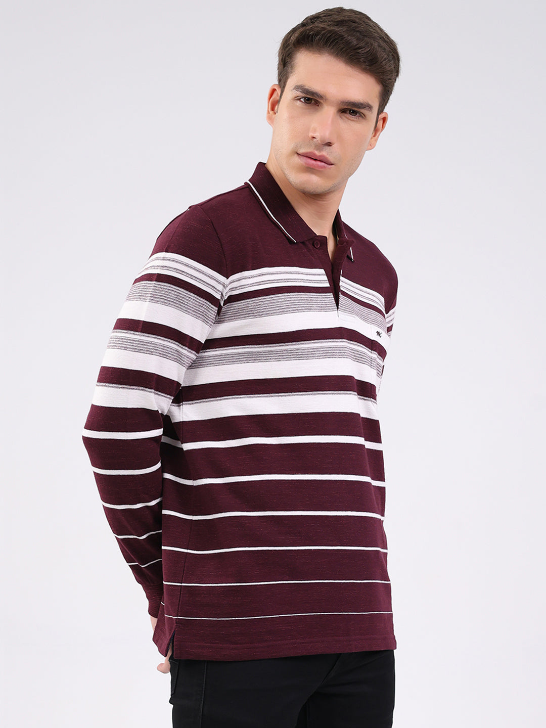 Men Maroon Stripe Collar Full Sleeve Winter T-Shirt