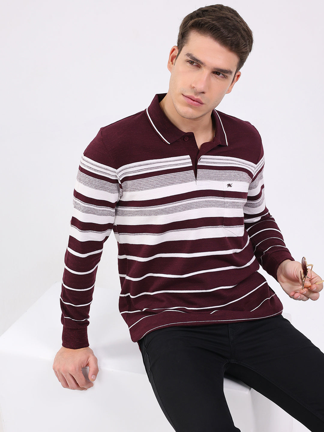 Men Maroon Stripe Collar Full Sleeve Winter T-Shirt