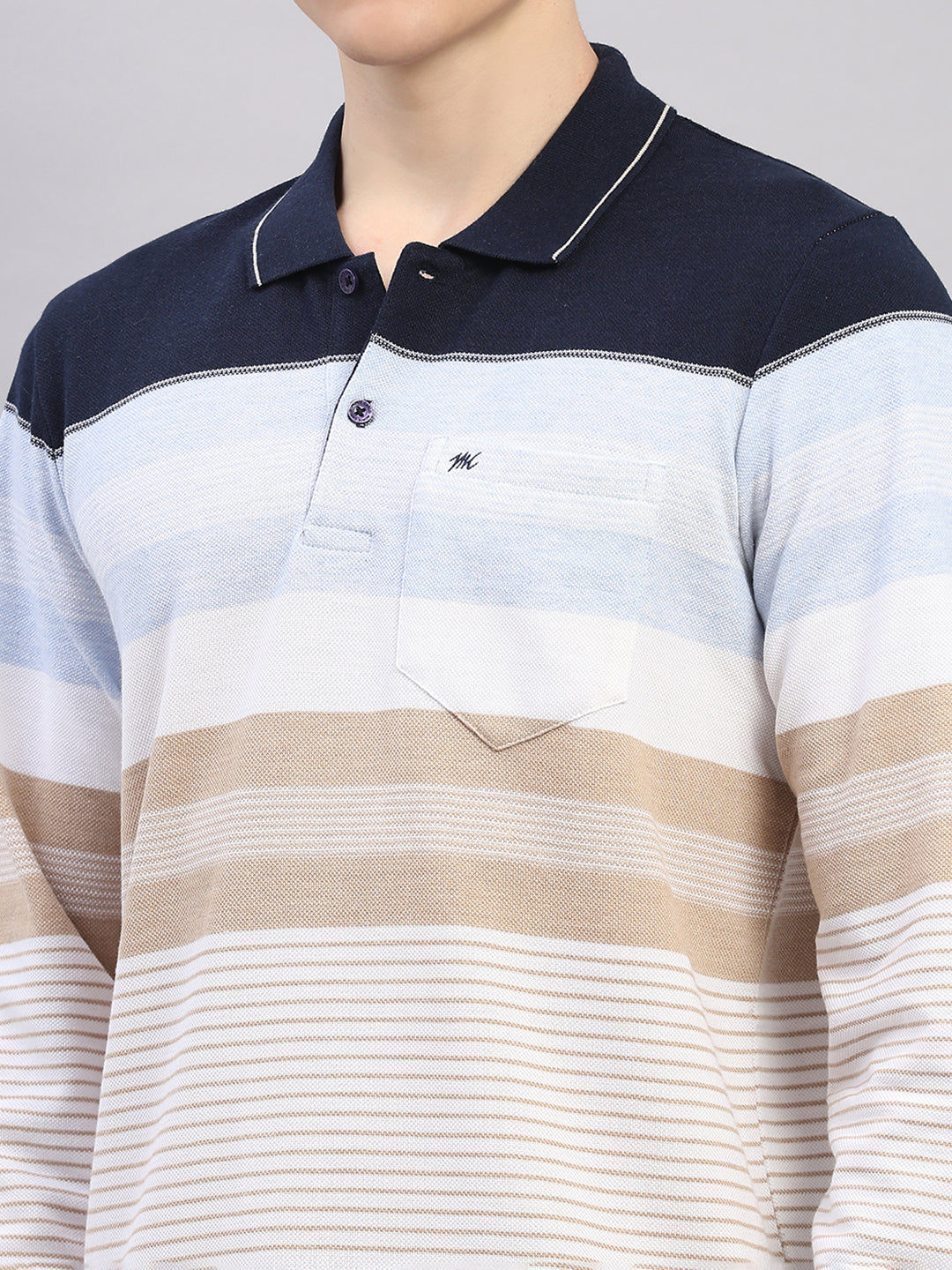 Men Sky Blue Stripe Polo Collar Full Sleeve Winter T-Shirt