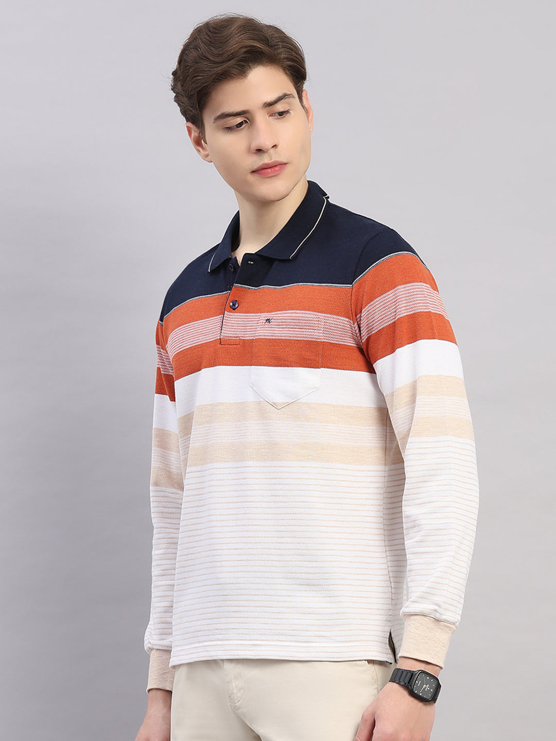 Men Rust Stripe Polo Collar Full Sleeve Winter T-Shirt