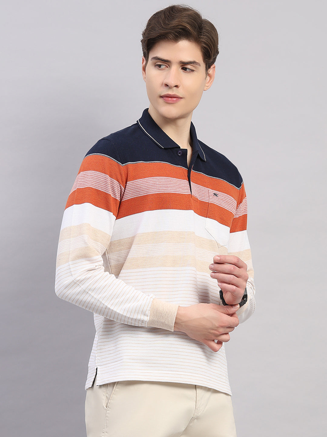 Men Rust Stripe Polo Collar Full Sleeve Winter T-Shirt