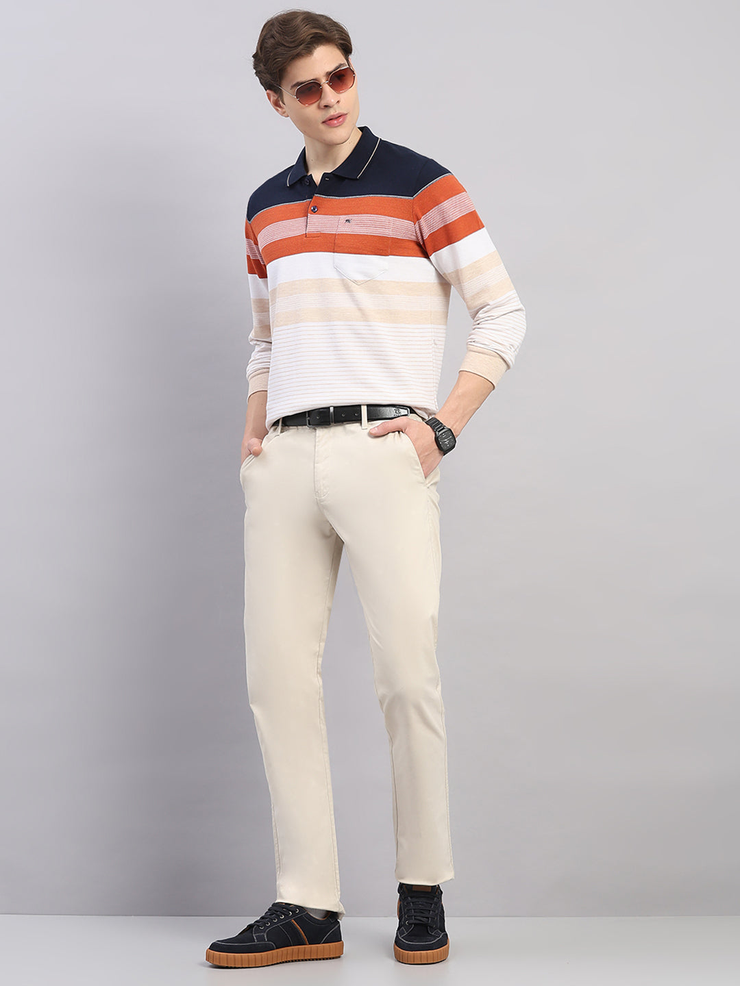 Men Rust Stripe Polo Collar Full Sleeve Winter T-Shirt