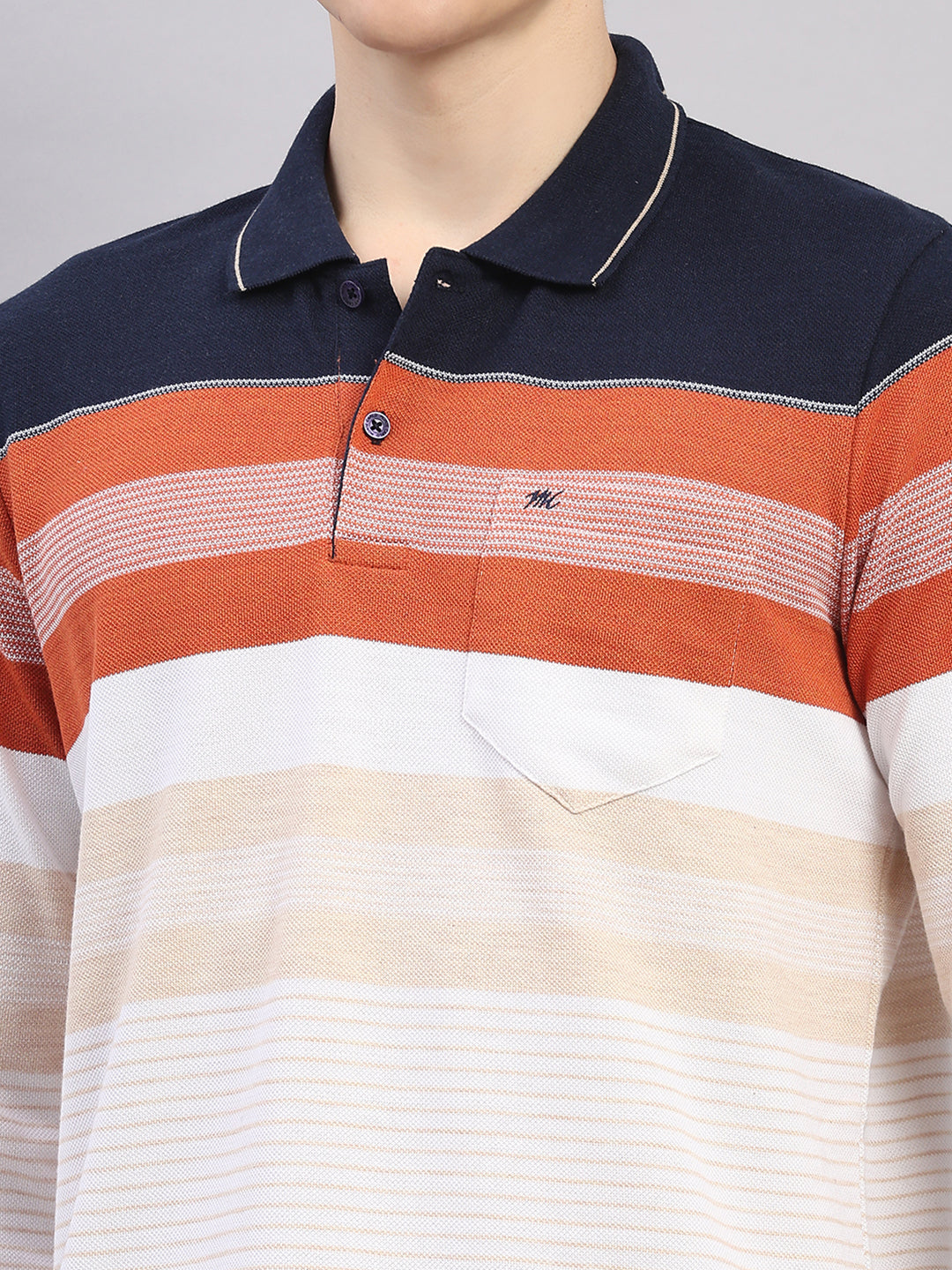 Men Rust Stripe Polo Collar Full Sleeve Winter T-Shirt