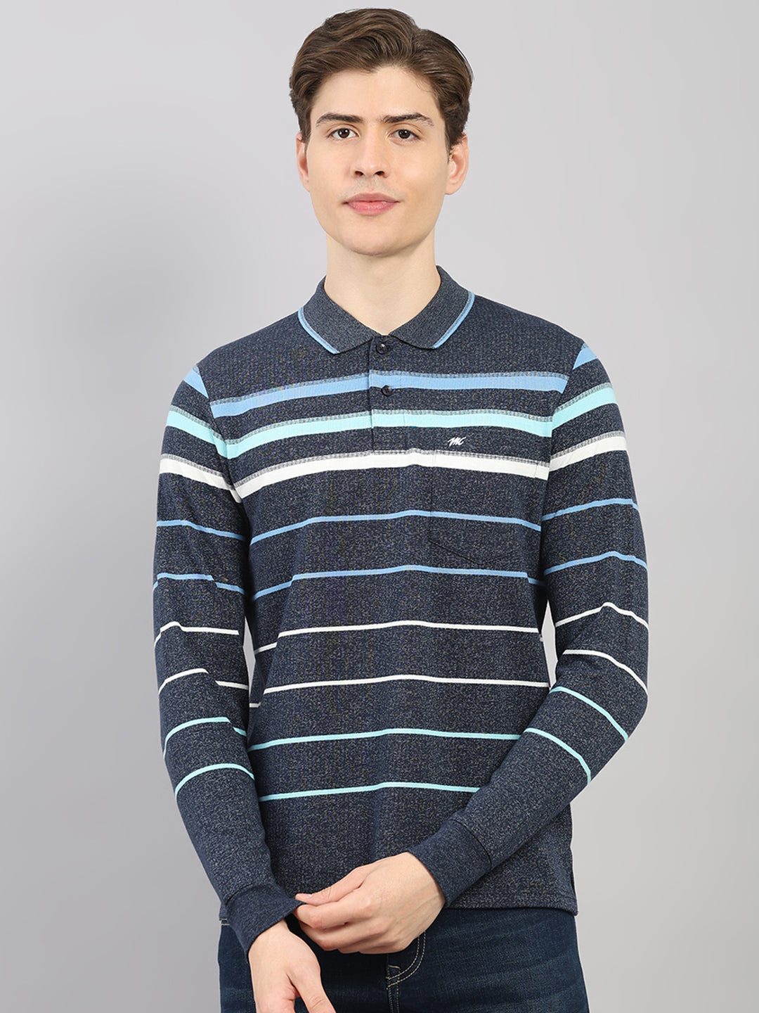 Men Navy Blue Stripe Polo Collar Full Sleeve Winter T-Shirt