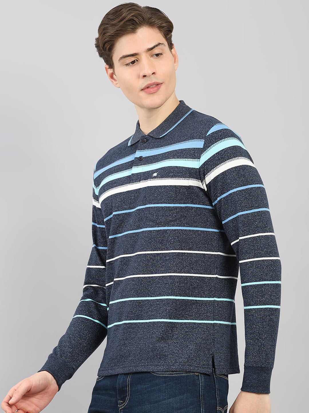Men Navy Blue Stripe Polo Collar Full Sleeve Winter T-Shirt
