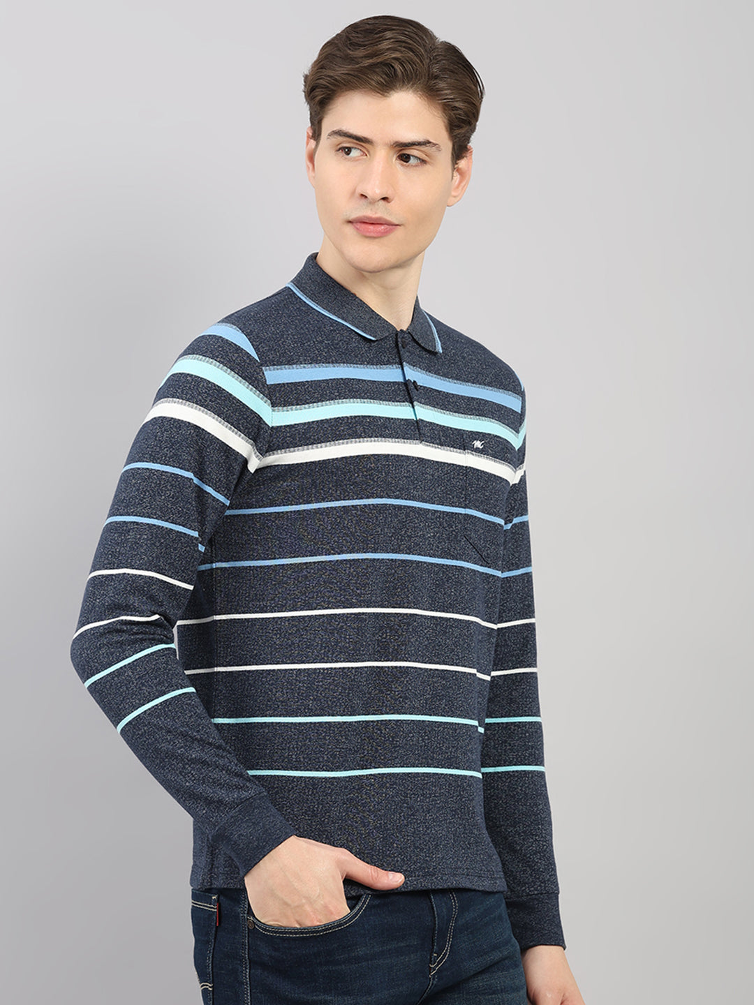 Men Navy Blue Stripe Polo Collar Full Sleeve Winter T-Shirt