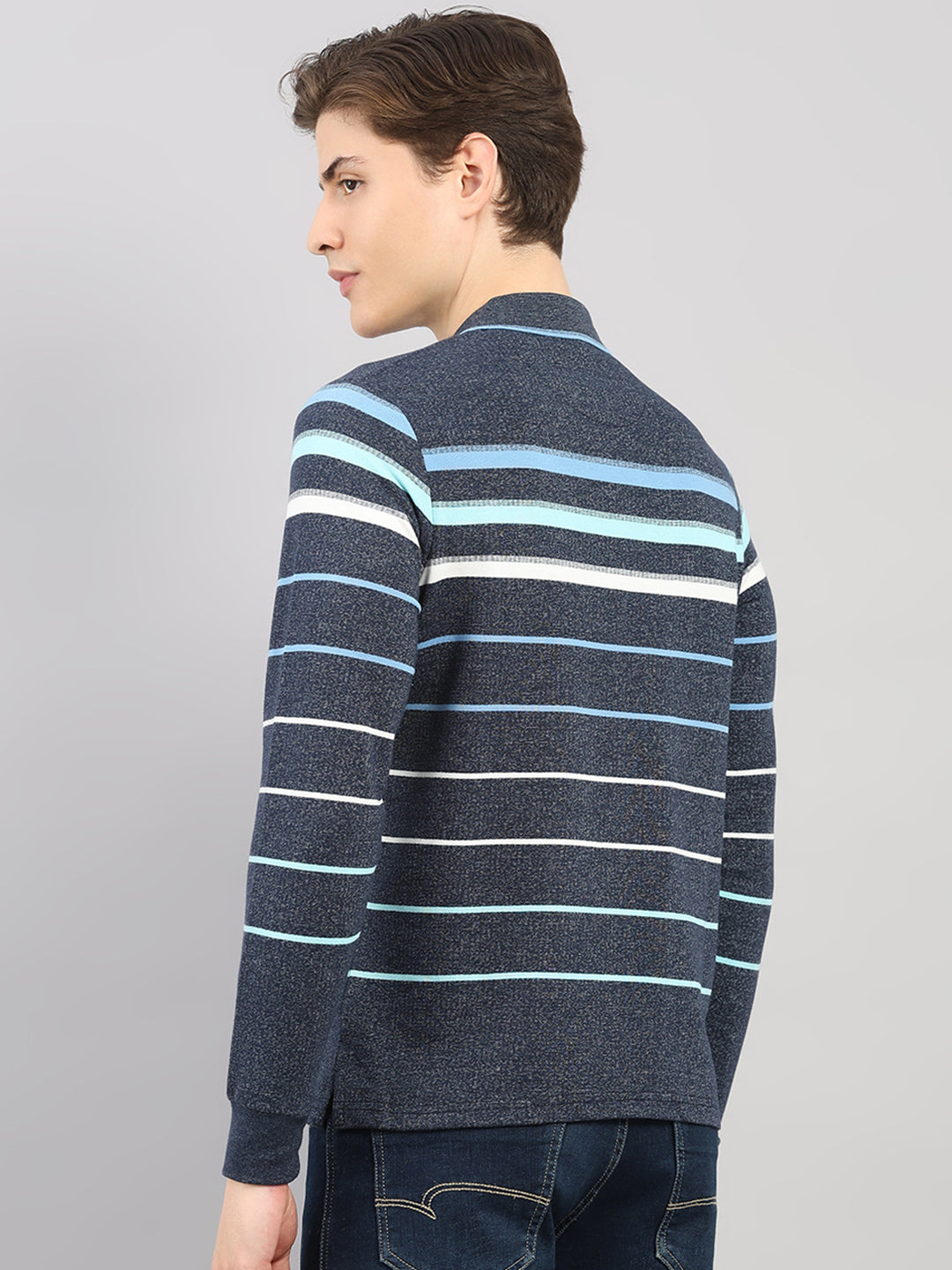 Men Navy Blue Stripe Polo Collar Full Sleeve Winter T-Shirt