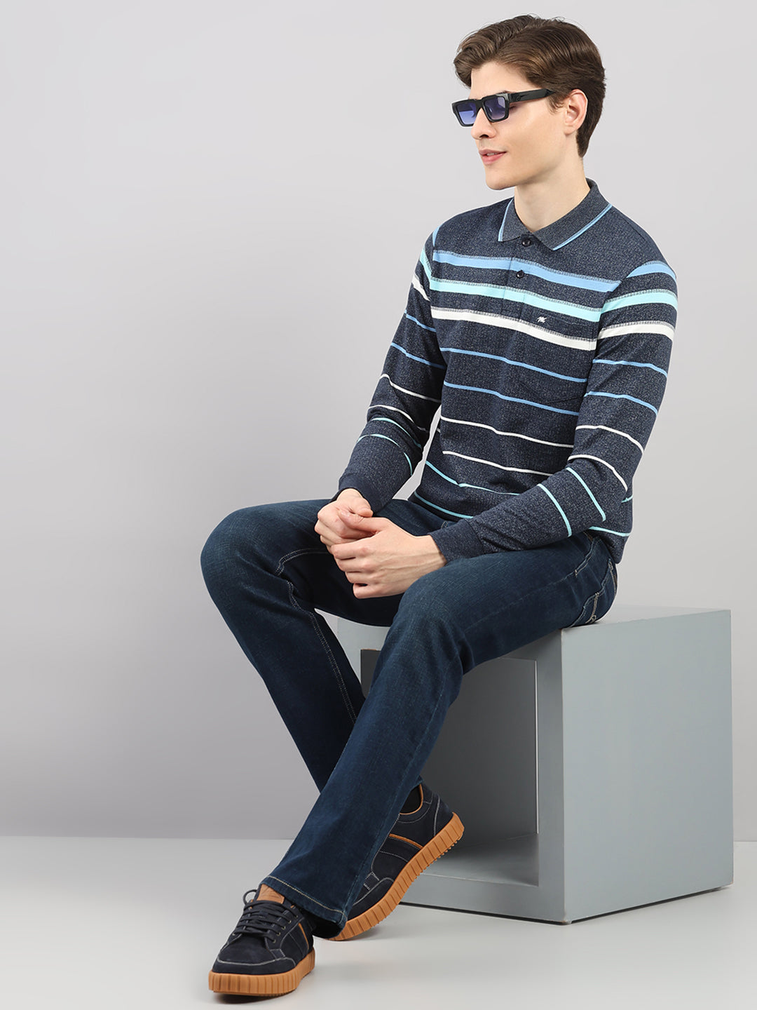 Men Navy Blue Stripe Polo Collar Full Sleeve Winter T-Shirt