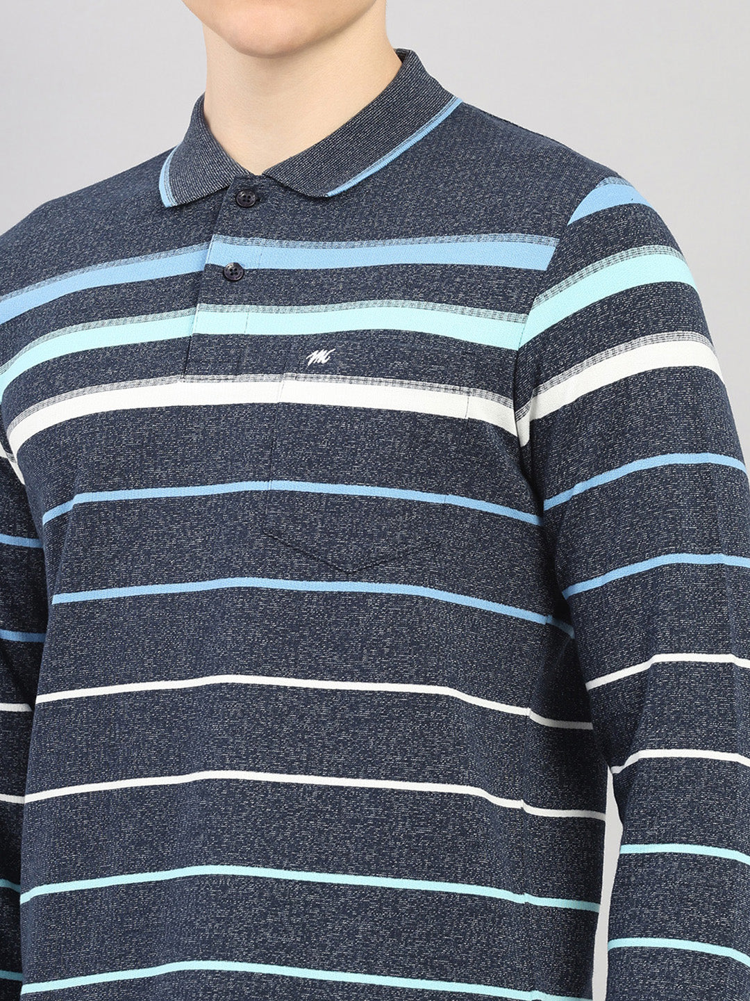 Men Navy Blue Stripe Polo Collar Full Sleeve Winter T-Shirt