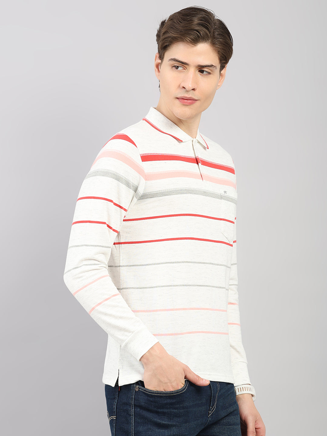 Men White Stripe Polo Collar Full Sleeve Winter T-Shirt