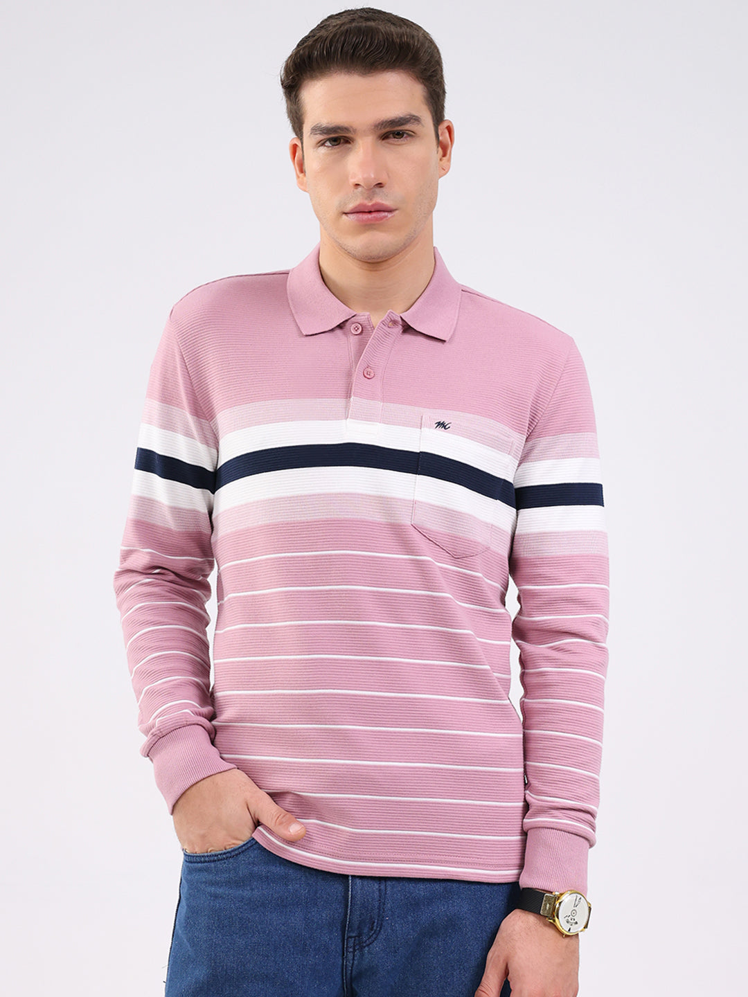 Men Pink Stripe Collar Full Sleeve Winter T-Shirt