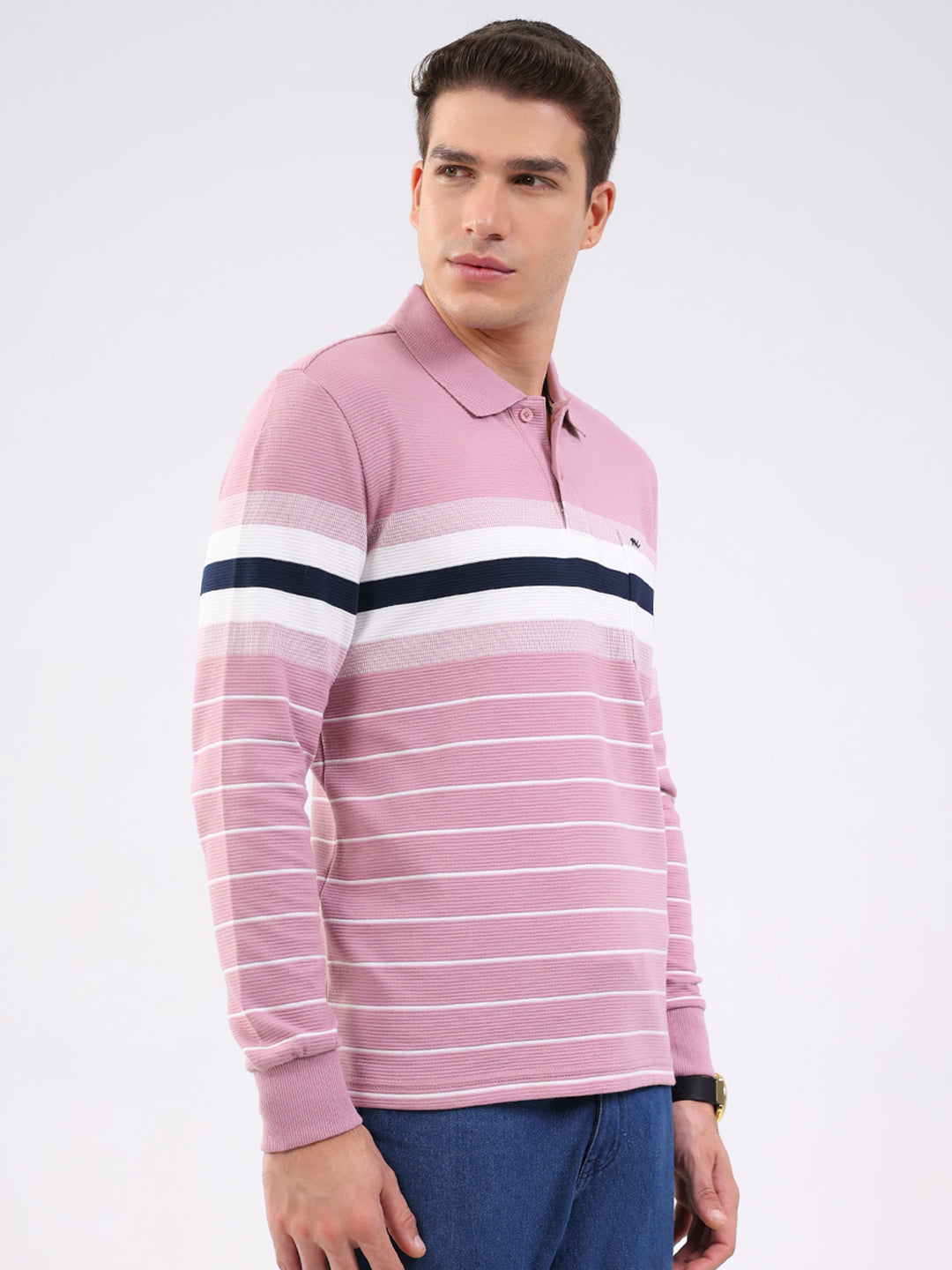 Men Pink Stripe Collar Full Sleeve Winter T-Shirt