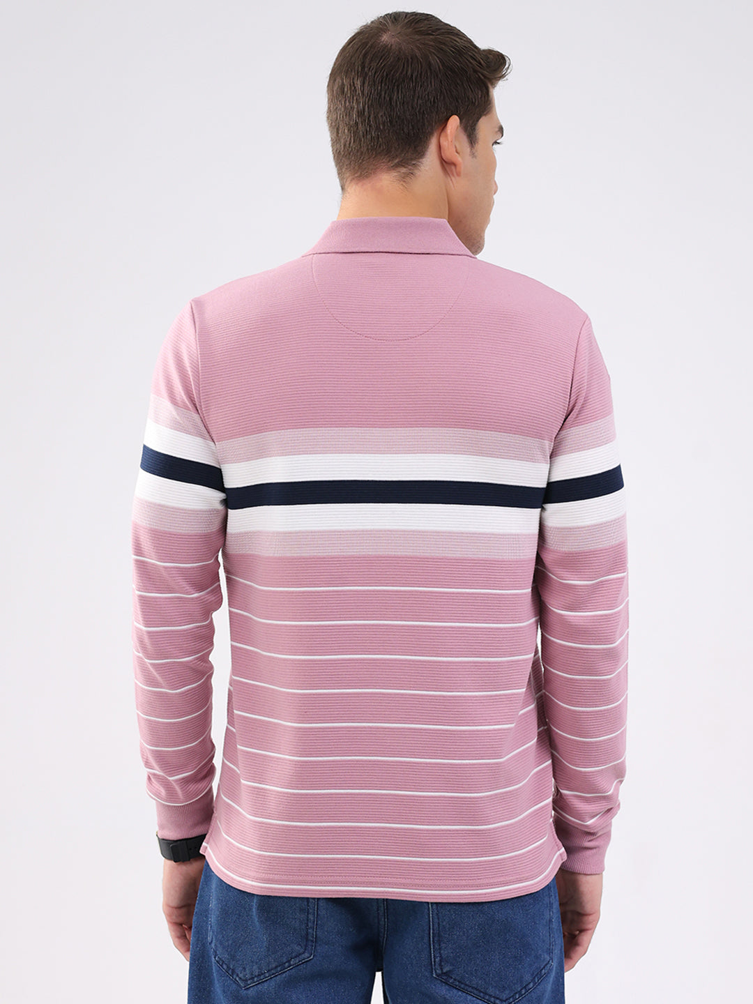 Men Pink Stripe Collar Full Sleeve Winter T-Shirt