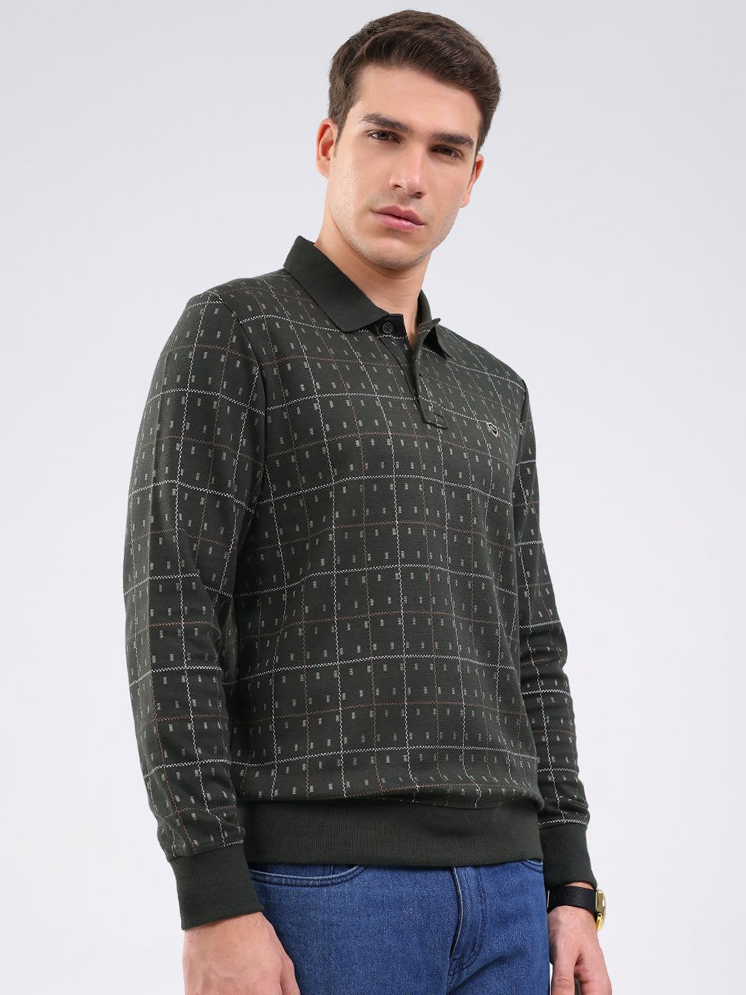 Men Green Stripe Collar Full Sleeve Winter T-Shirt