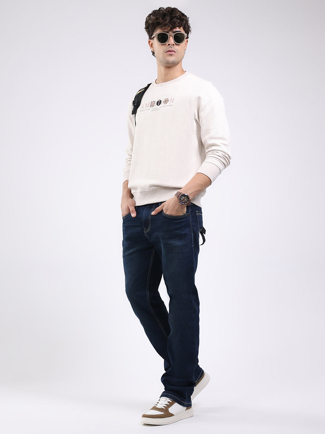 Men Cream Solid Round Neck Full Sleeve Winter T-Shirt